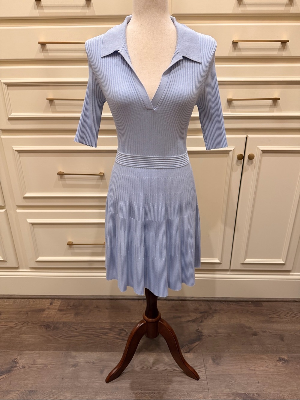 SIMKHAI Collared Light Blue Ribbed Knit Mini Dress